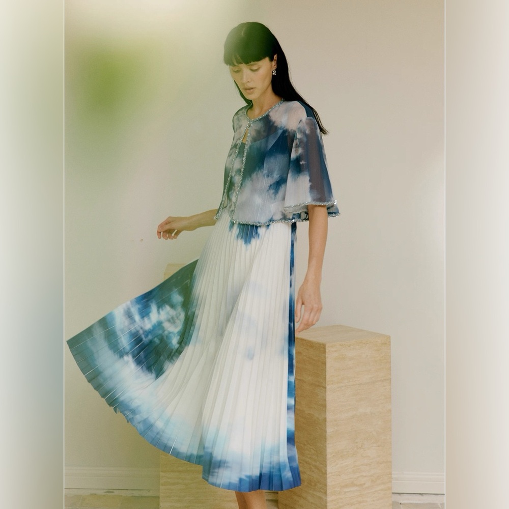 MARIUS Blue White Pleated Midi Dress Sky Print Size M Sleevless